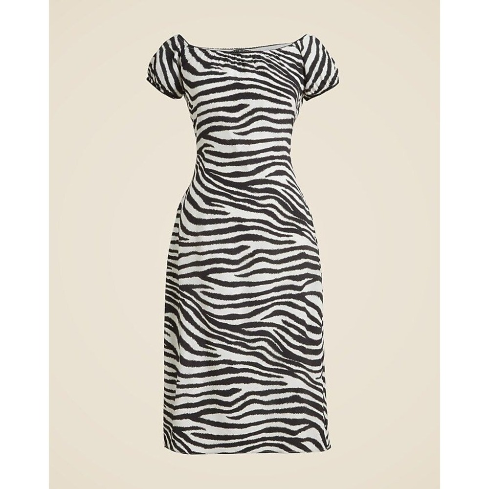 J. Crew NWT Zebra Print Off The Shoulder Short Sleeve ‎ Slip Midi Dress Size 8